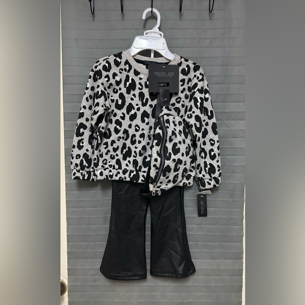 Rachel Zoe Girls Sweatshirt/Flare Pants/Belt Bag Set SZ XS (4) Black Grey
